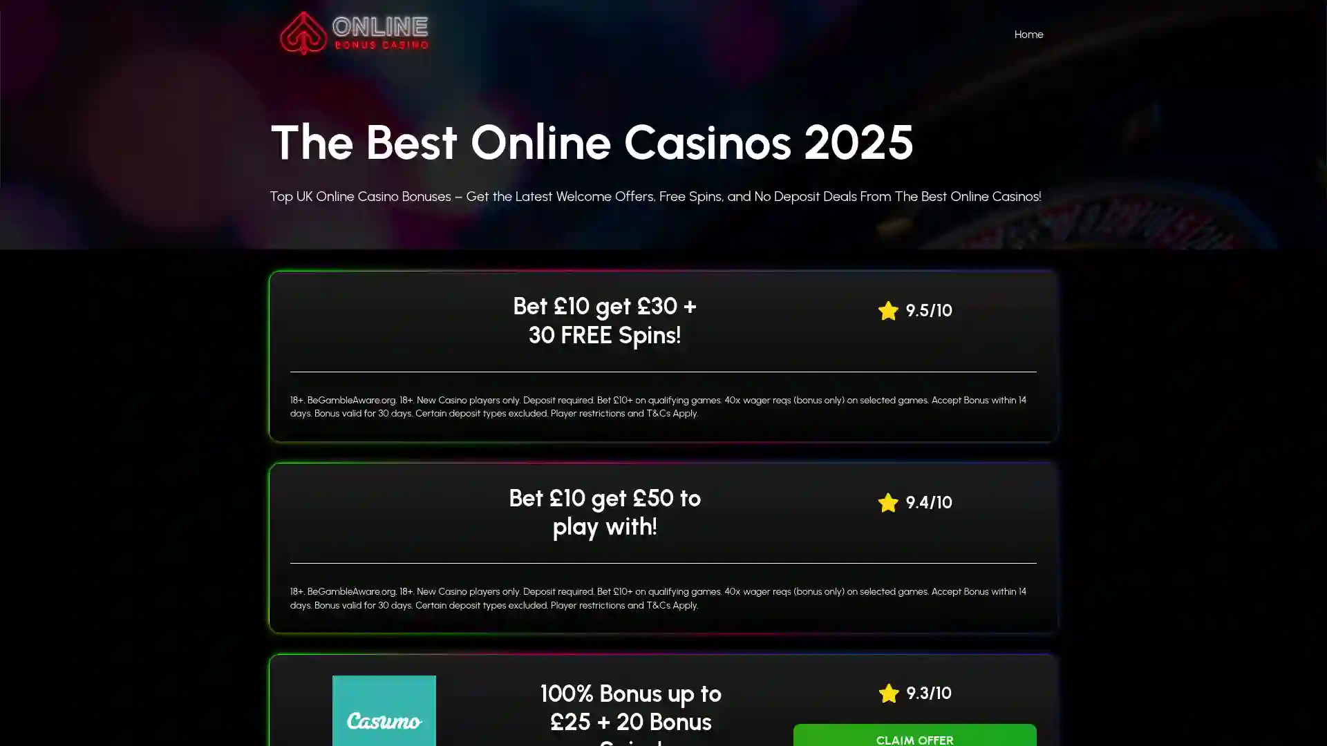 bonusonline.casino screenshot of startpage