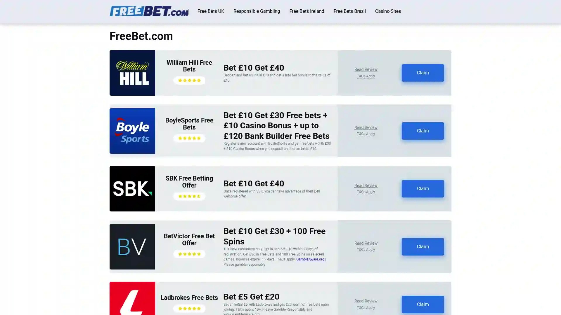 freebet.com screenshot of startpage