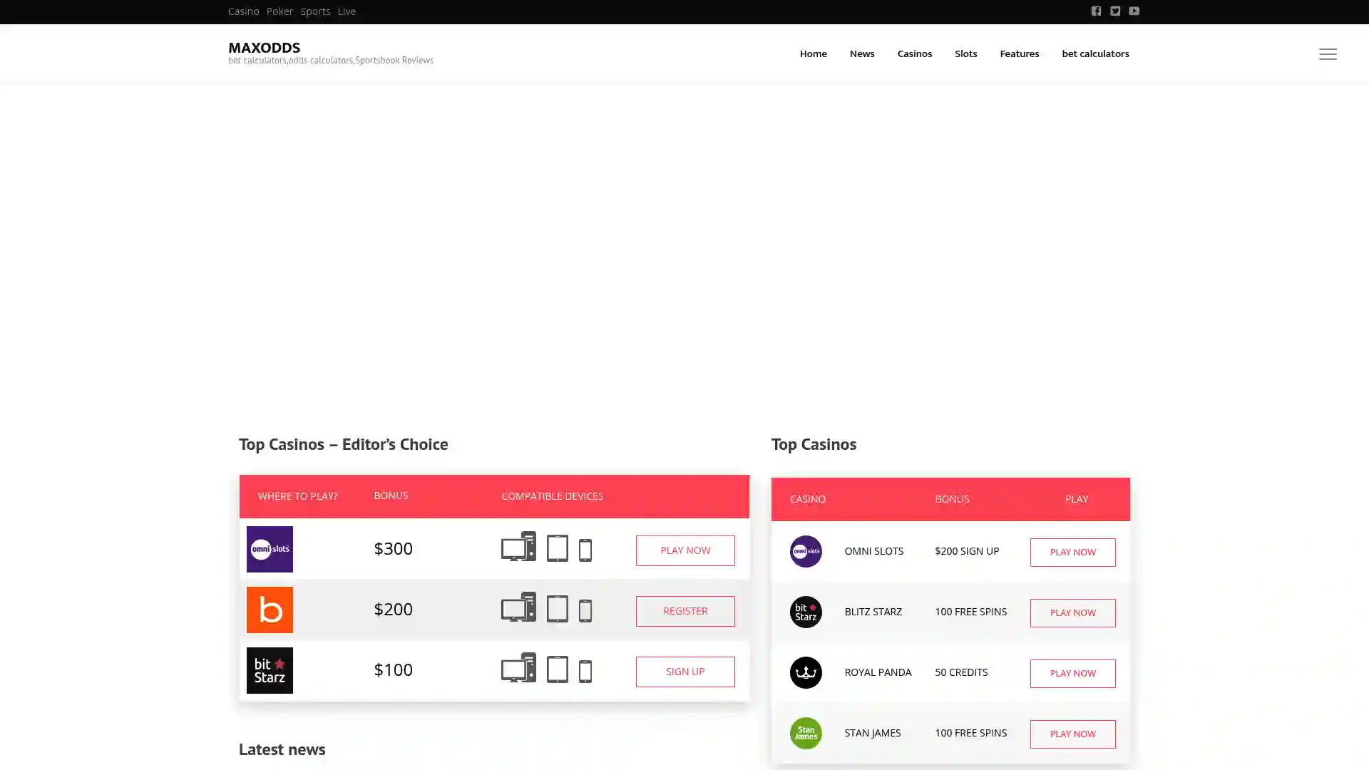 maxodds.net screenshot of startpage