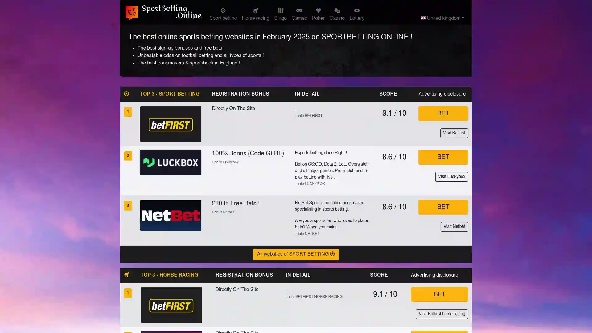 sportbetting.online screenshot of startpage